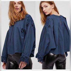 Free People Wishing Well Blouse Navy Blue Embroidered Cut Out Blouse